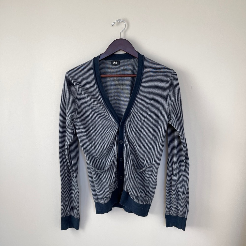 Long sleeve navy blue and white cardigan
